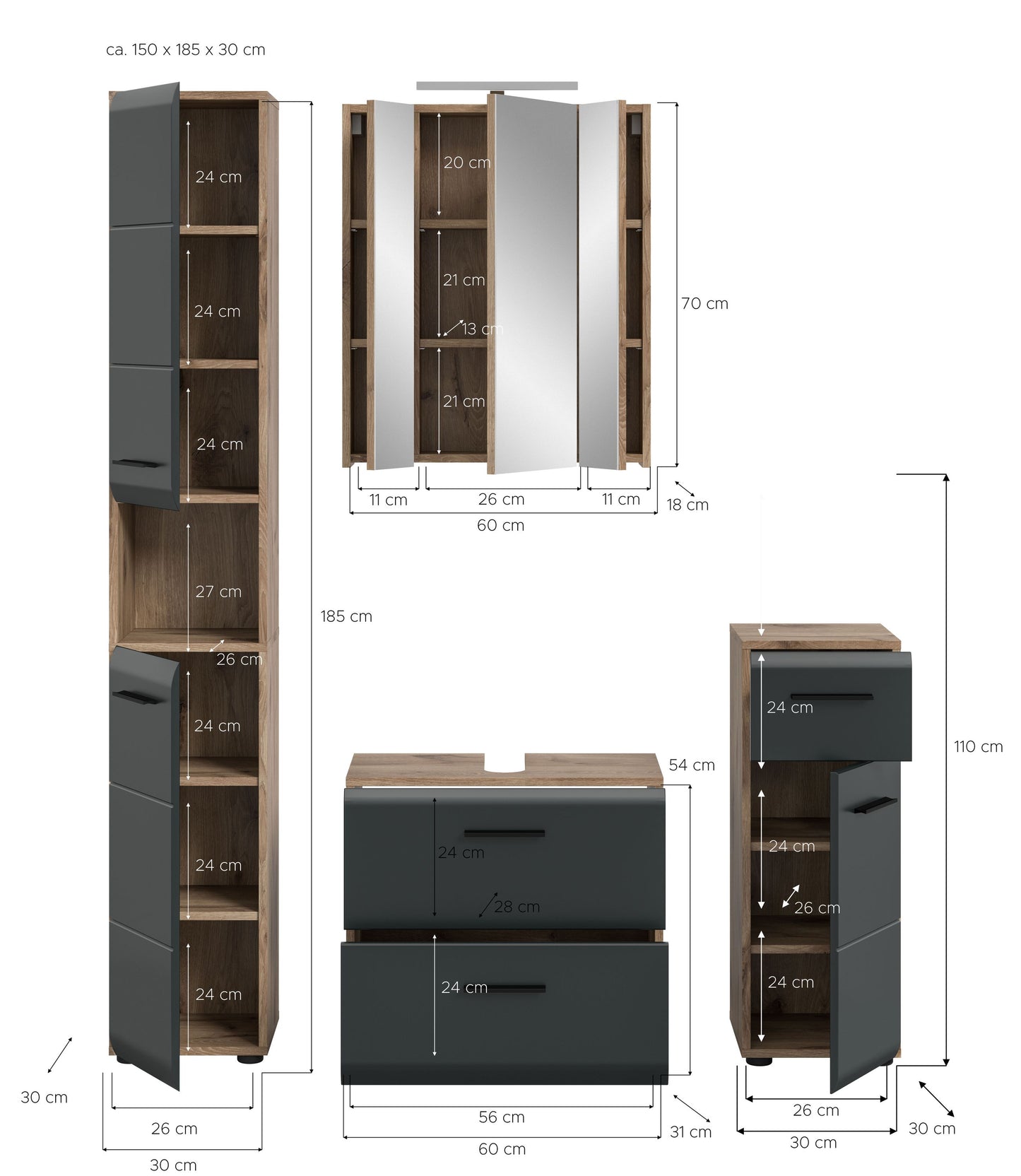 Badmöbel-Set 5-tlg. mit Waschtischunterschrank, Hochschrank und Sideboard, Holz/anthrazitfarben