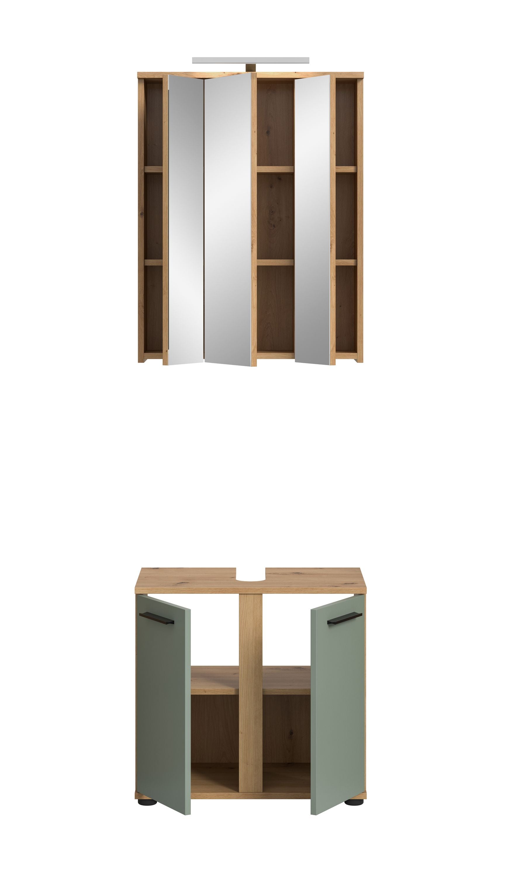 Badmöbel-Set mit geöffnetem Spiegelschrank und Innenfachböden, Holzoptik