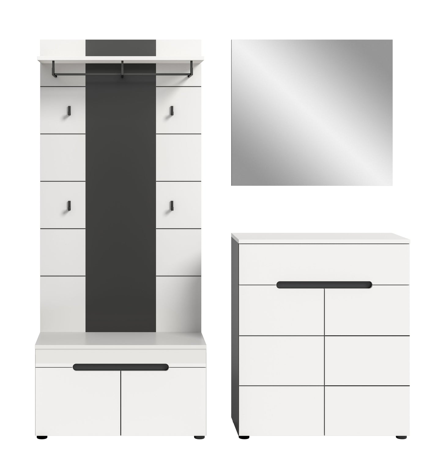 Homes & Jones Garderobenset 4-tlg., 1x Paneel, Sitzbank, Kommode und Spiegel