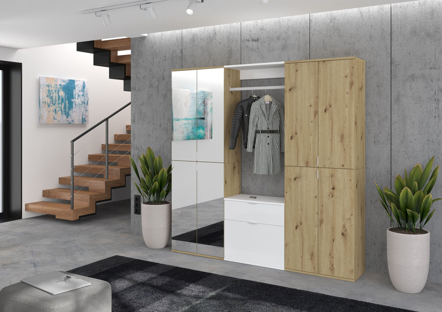 Garderoben- und Schuhschrank-Set mit Holzfronten, offenen Fächern und Kleiderbereich