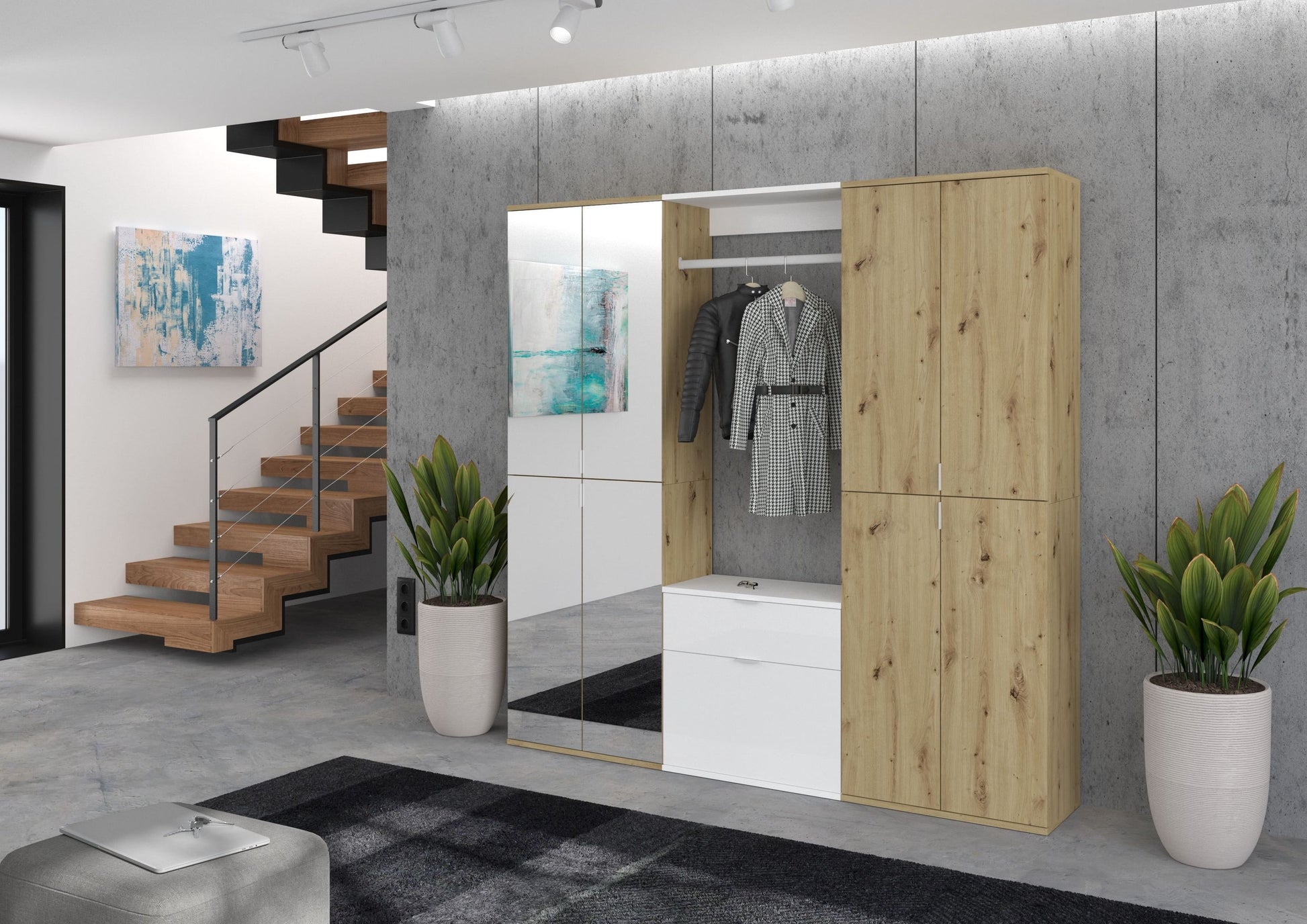 Garderoben- und Schuhschrank-Set mit Holzfronten, offenen Fächern und Kleiderbereich
