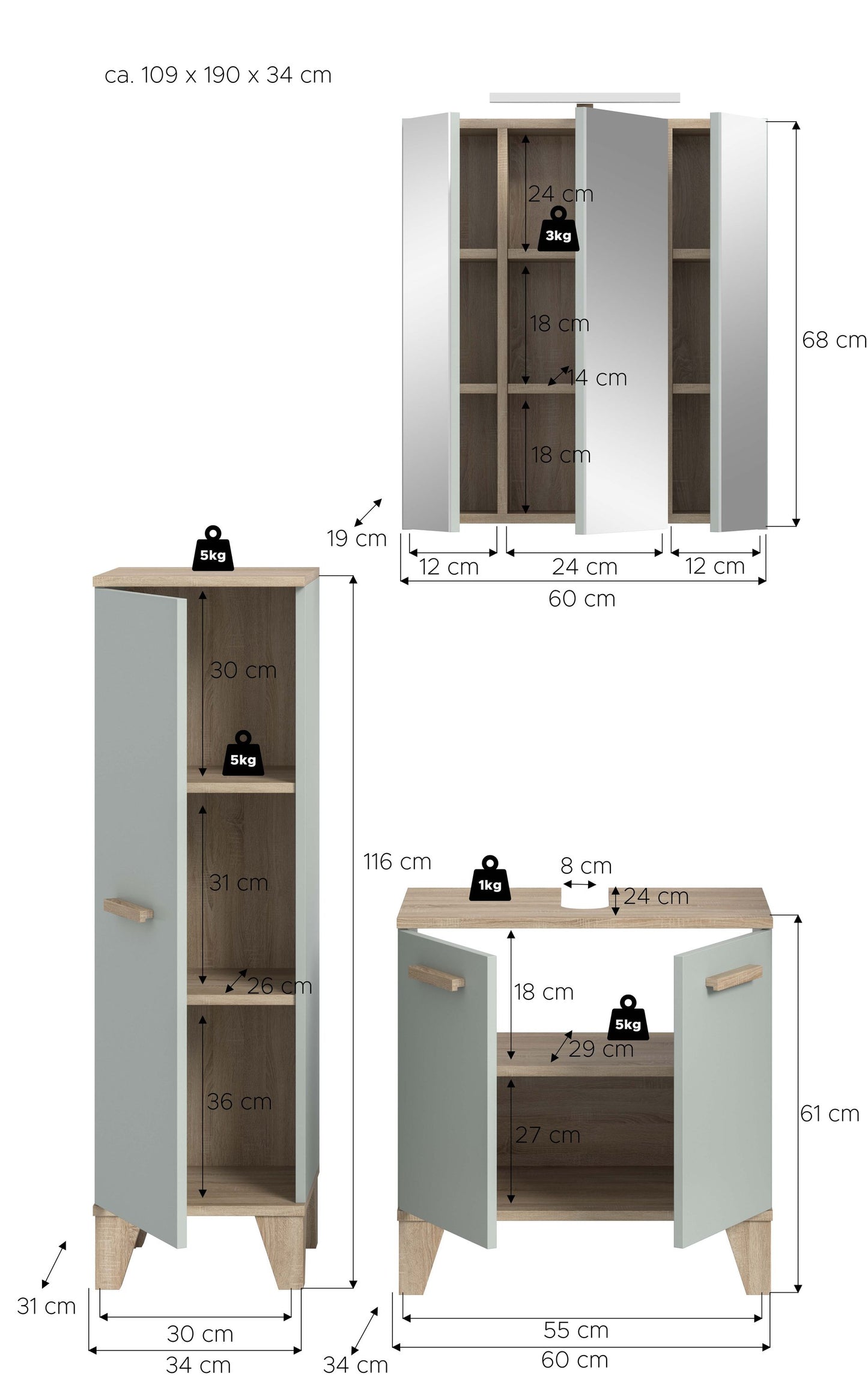 Ensemble de salle de bain avec éclairage STAR (L/H/P : env. 109/190/34 cm) en vert clair/vert clair