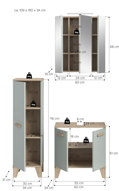 Ensemble de salle de bain avec éclairage STAR (L/H/P : env. 109/190/34 cm) en vert clair/vert clair