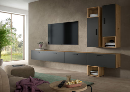 Meuble TV mural THE ONE (L/H/P : env. 300/178/34 cm) en imitation chêne Artisan/vert fumé
