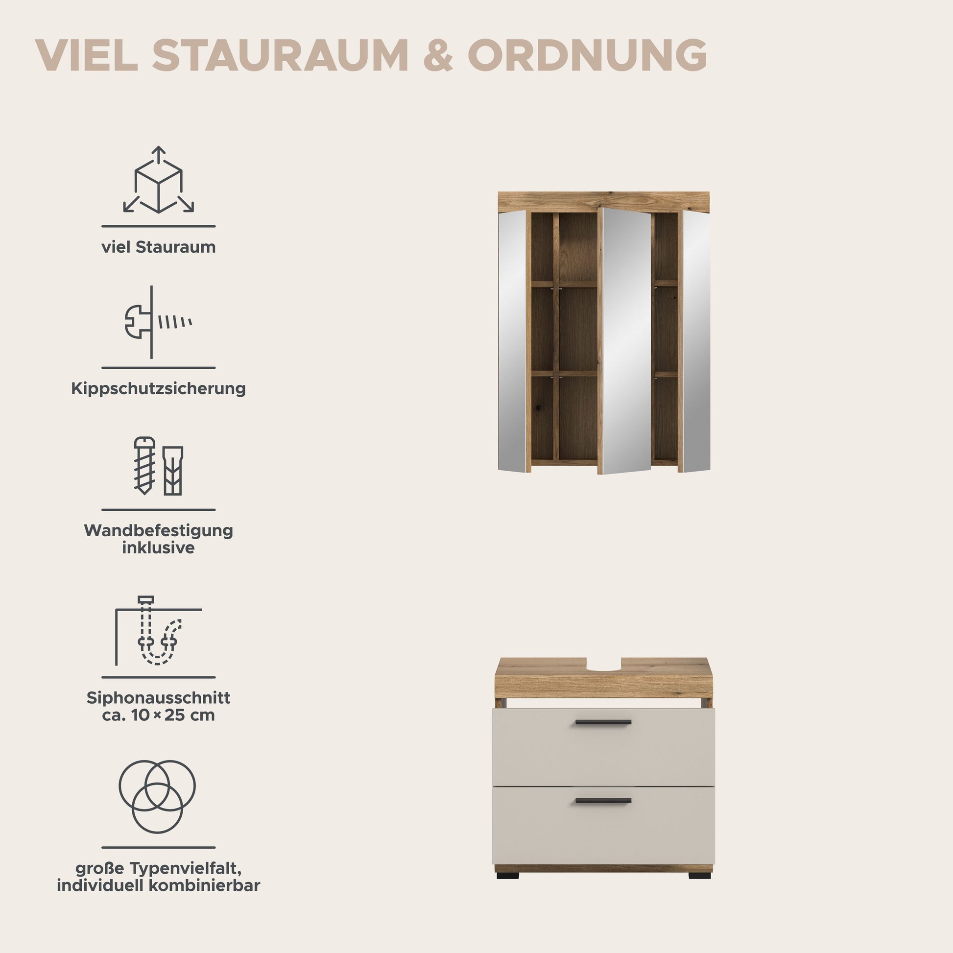Badezimmerset mit Spiegelschrank-Türen, offenem Innenraum und weißem Unterschrank