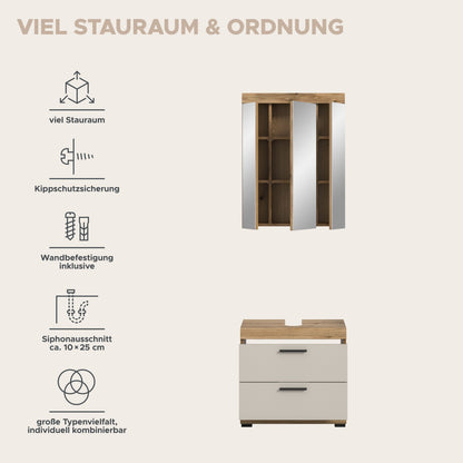 Badezimmerset mit Spiegelschrank-Türen, offenem Innenraum und weißem Unterschrank