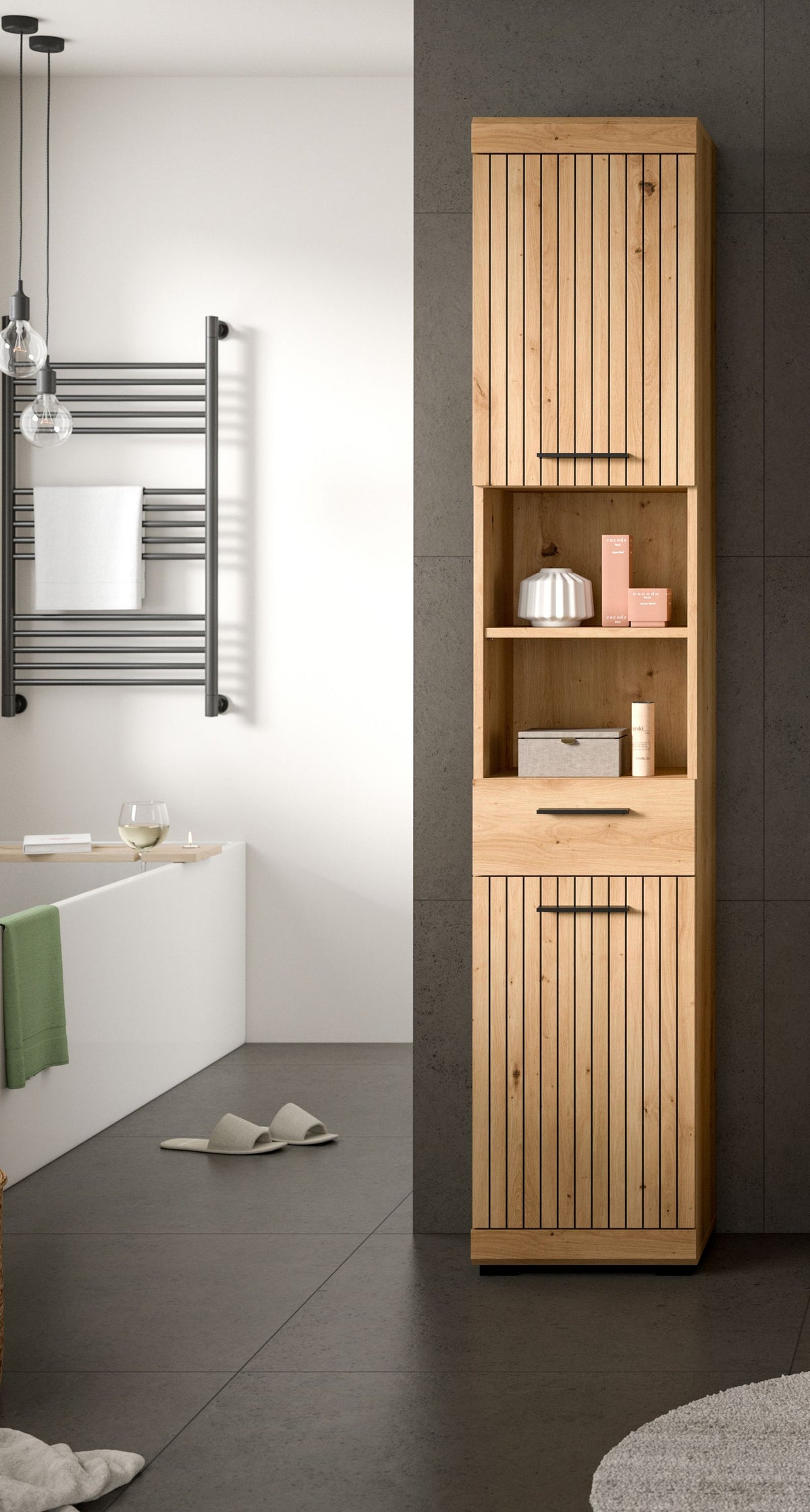 Badhochschrank mit offenen Fächern, Holzoptik, frontseitig mit Regalfächern