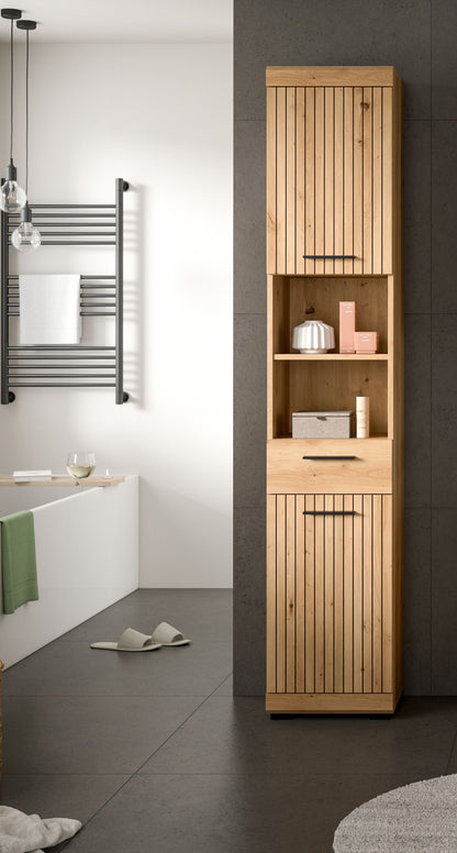 Badhochschrank mit offenen Fächern, Holzoptik, frontseitig mit Regalfächern