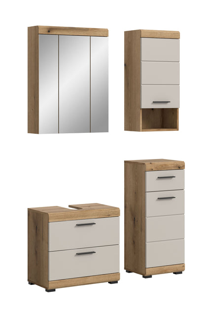 Badezimmerset mit Spiegelschrank, Waschtischkommode und Hochschrank in Holzoptik/Weiß