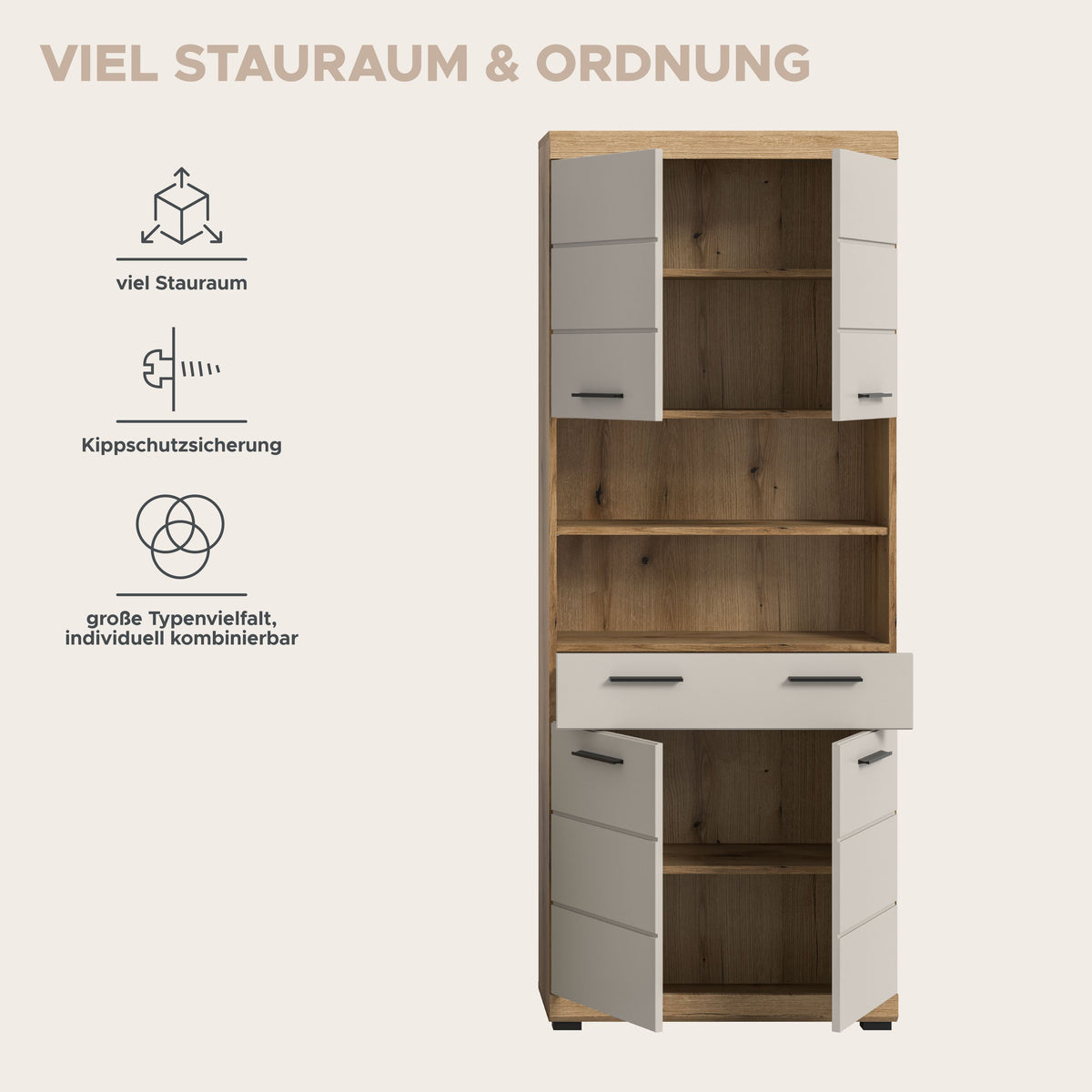 Badhochschrank mit vielen Fächern und Schubfächern, Holzoptik und weißen Fronten