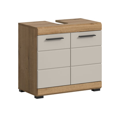 Waschbeckenunterschrank 60 cm mit zwei Türen und Schubladen, Eiche-Dekor und weiß