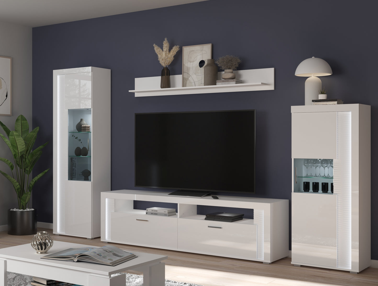 Homes & Jones Lowboard weiß Hochglanz, TV Möbel inkl. Beleuchtung bis 70 Zoll