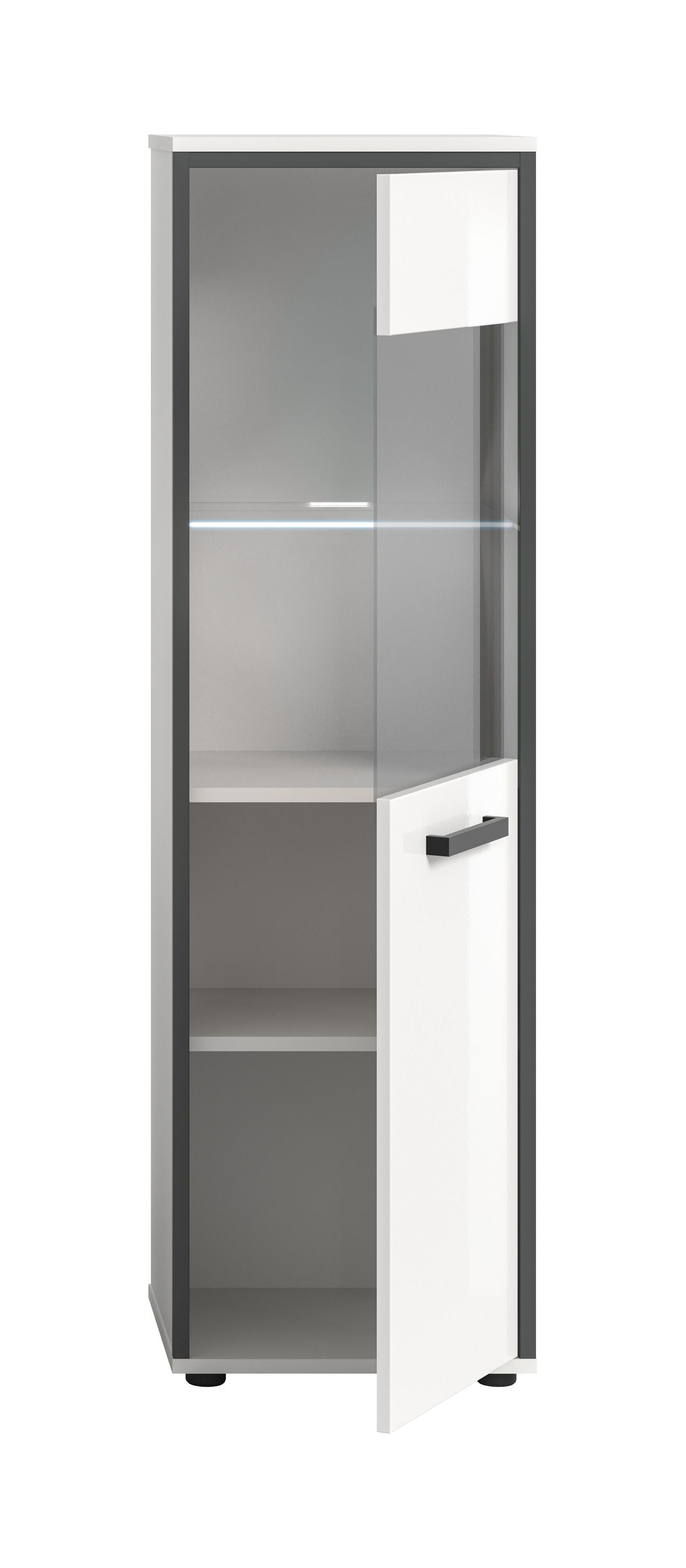 Badkommode mit geöffneter Tür, weiße Front, Innenfächer und LED-Leiste, Griff