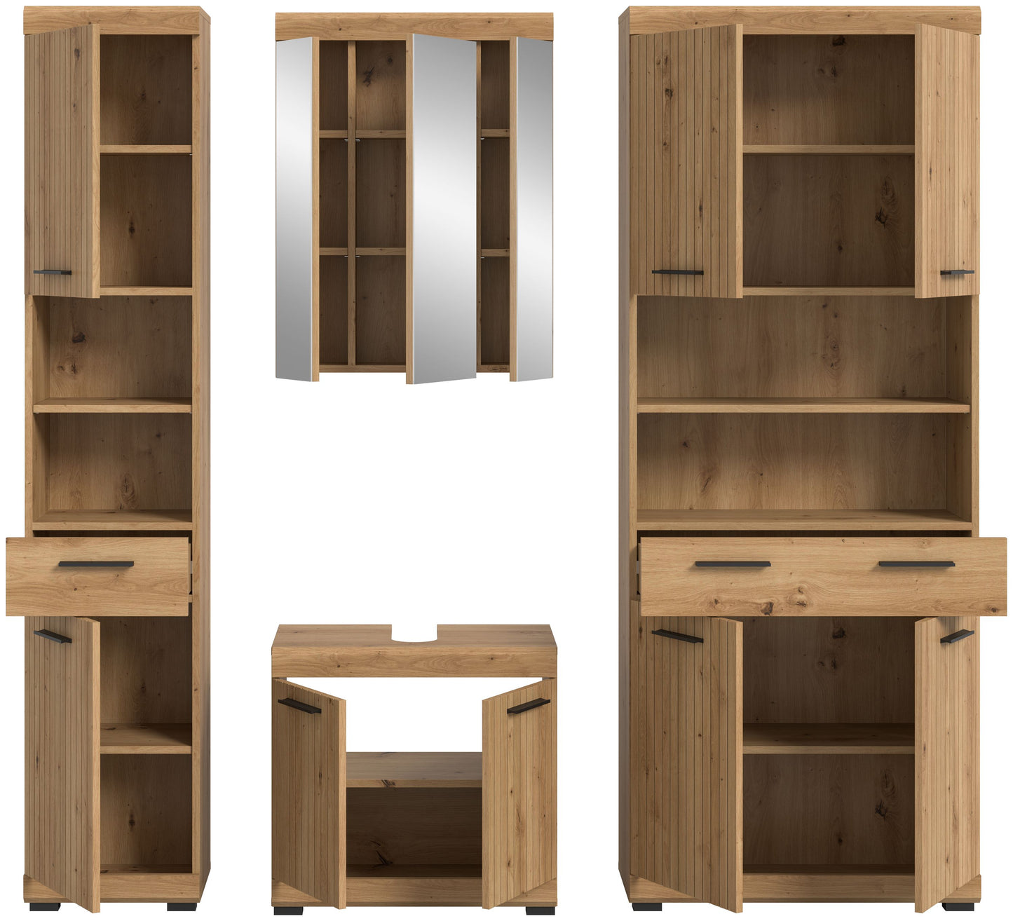 Badezimmerset Holzoptik mit geöffneten Schränken: Innenfächer und Spiegelfront, 4-tlg.