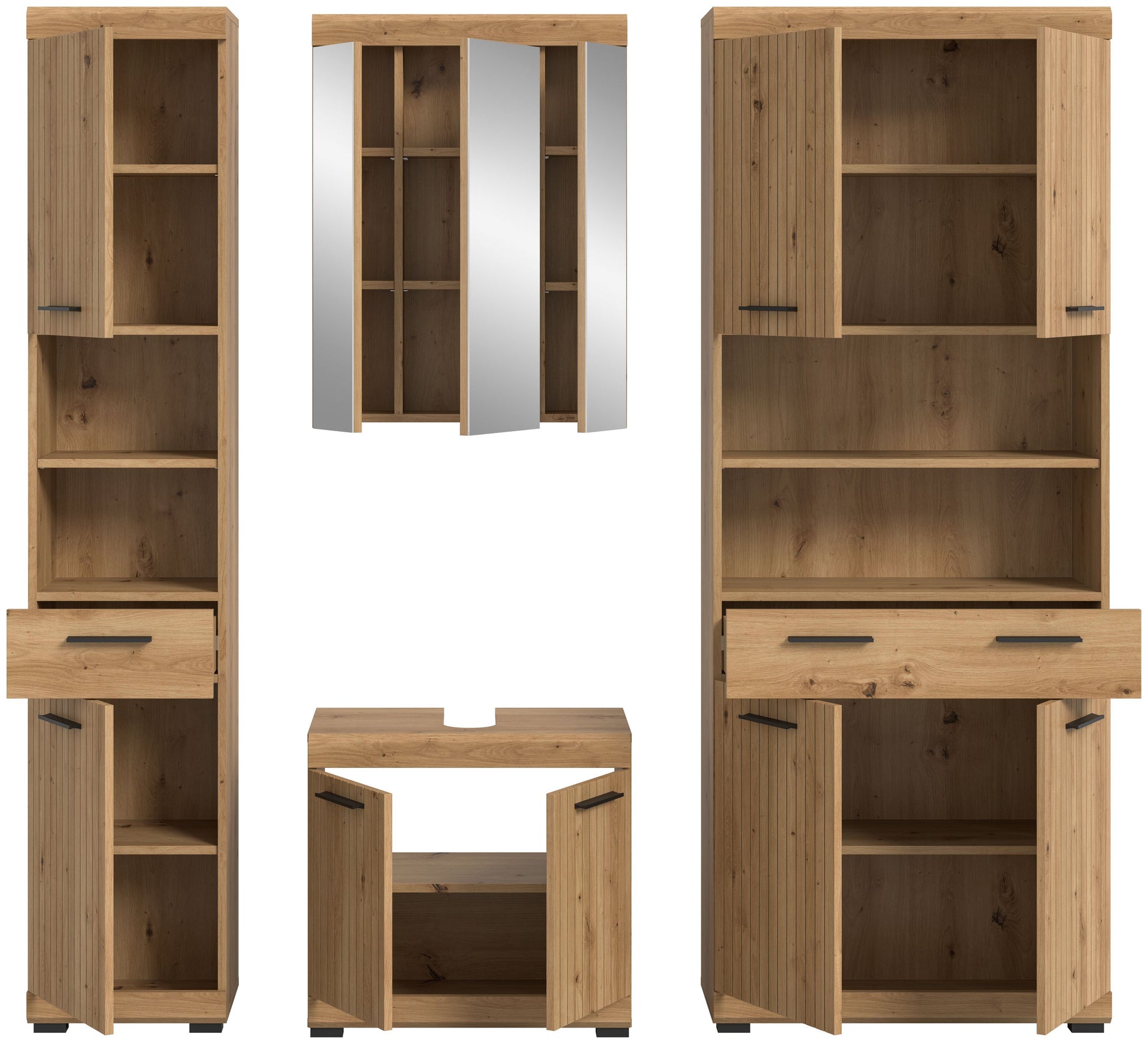 Badezimmerset Holzoptik mit geöffneten Schränken: Innenfächer und Spiegelfront, 4-tlg.
