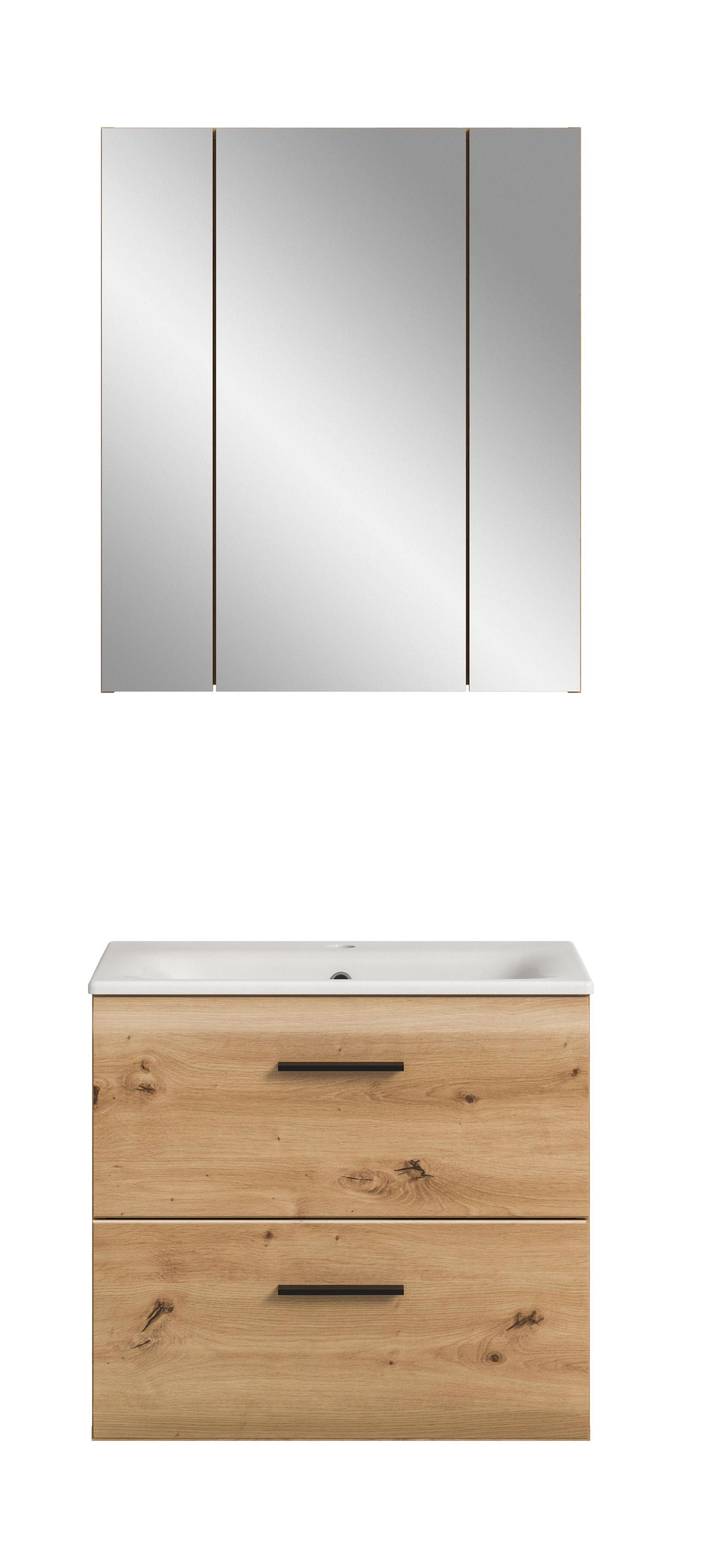 3-teiliges Badmöbel-Set mit Spiegelschrank und hellem Holz-Waschtischunterschrank