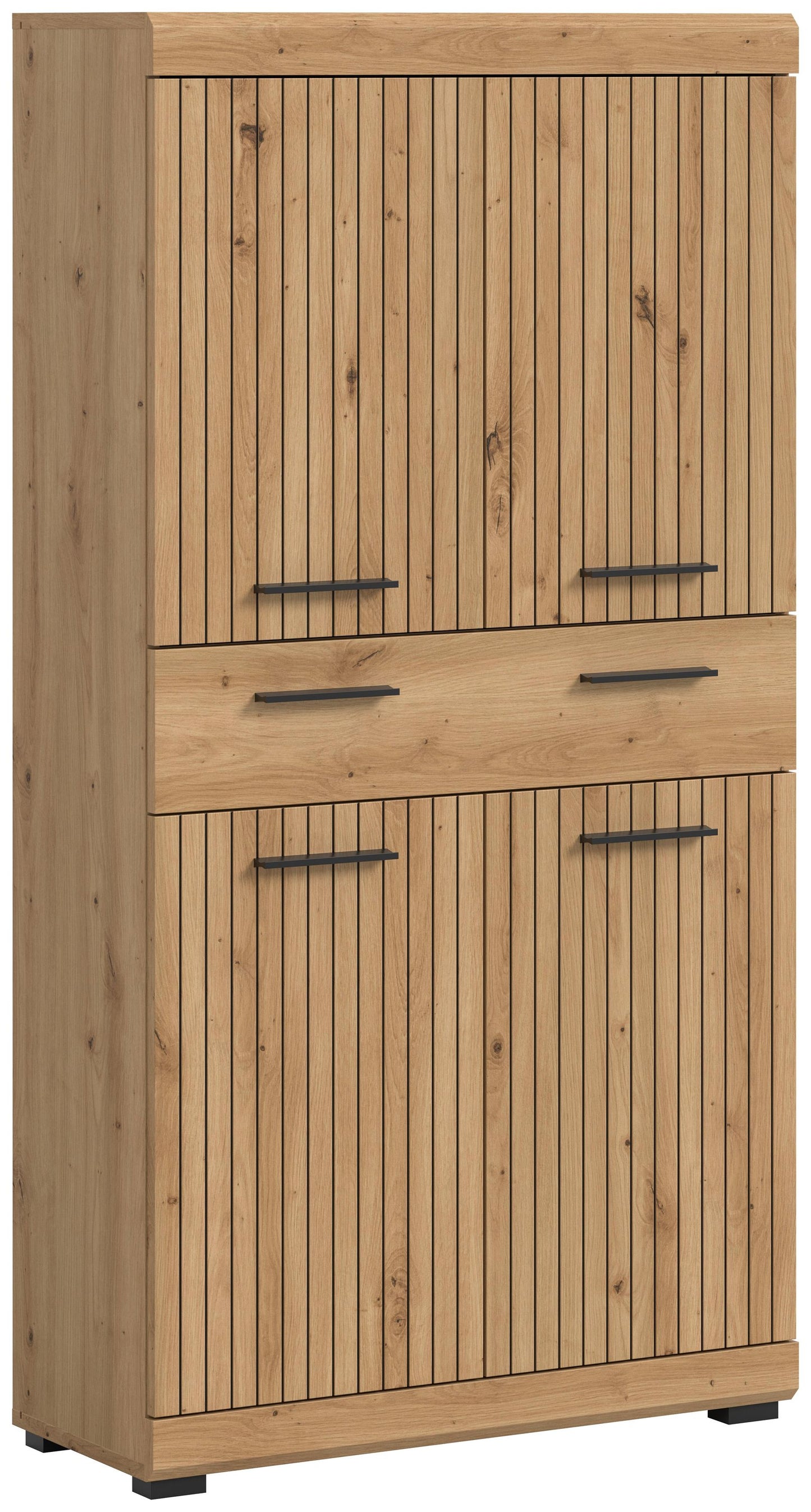Badhochschrank aus hellem Holz mit zwei Türen und Schublade, Metallgriffe