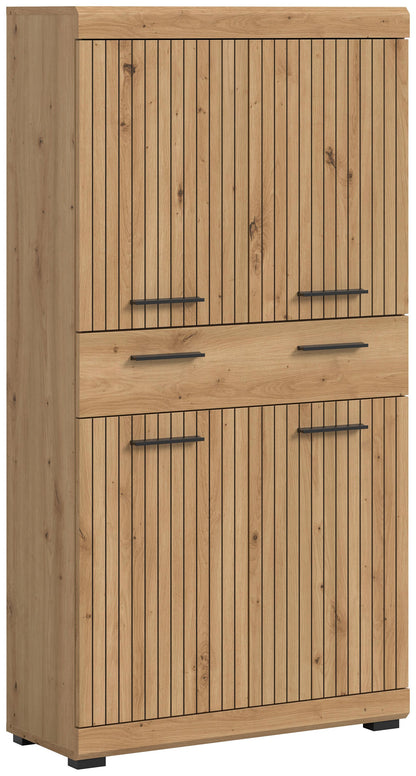 Badhochschrank aus hellem Holz mit zwei Türen und Schublade, Metallgriffe