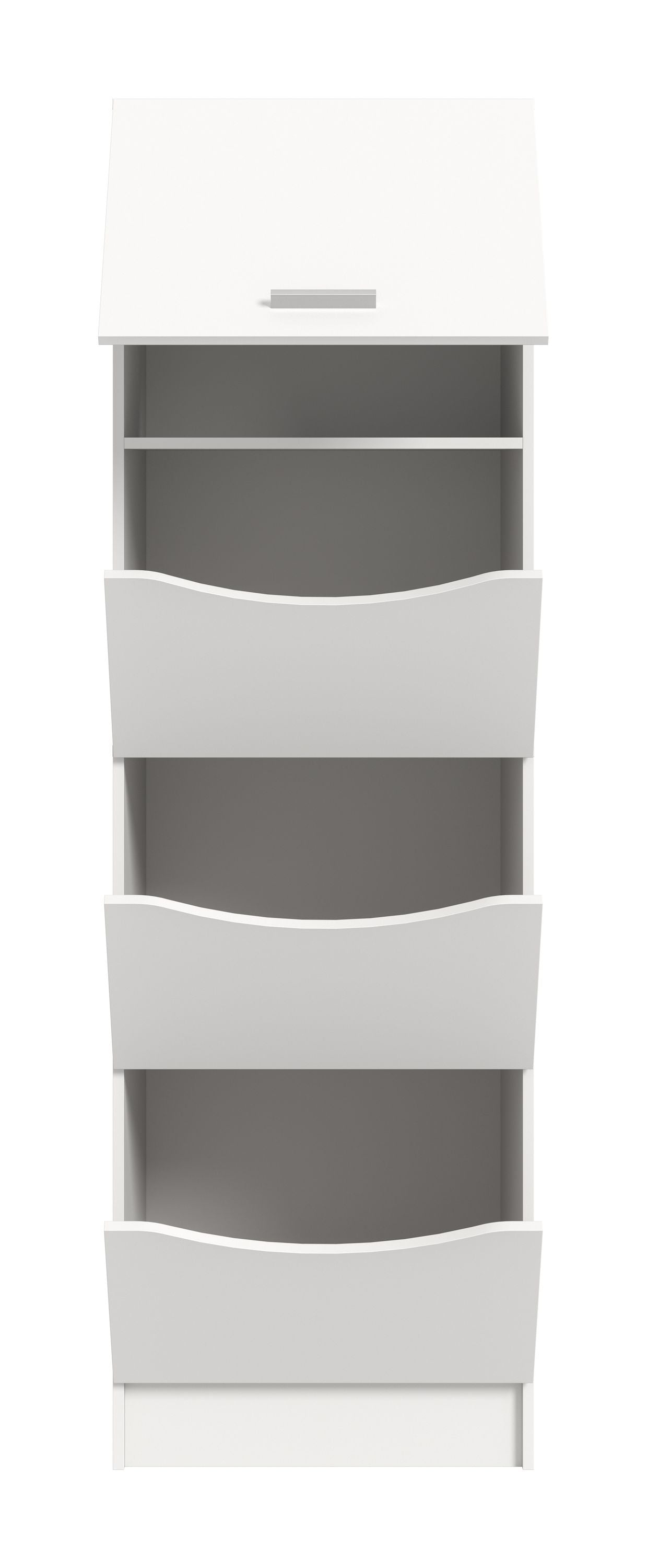 Wäscheschrank weiß mit vier Wäscheboxen und Klappe oben mit Griff