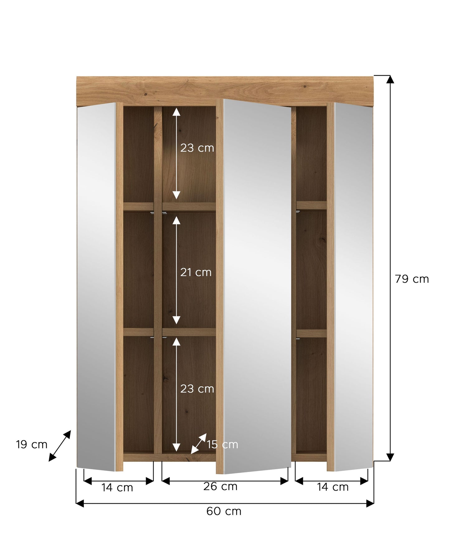 Badspiegelschrank mit 3 Spiegeltüren in Eichenoptik, Vorderansicht mit Maßgrafik