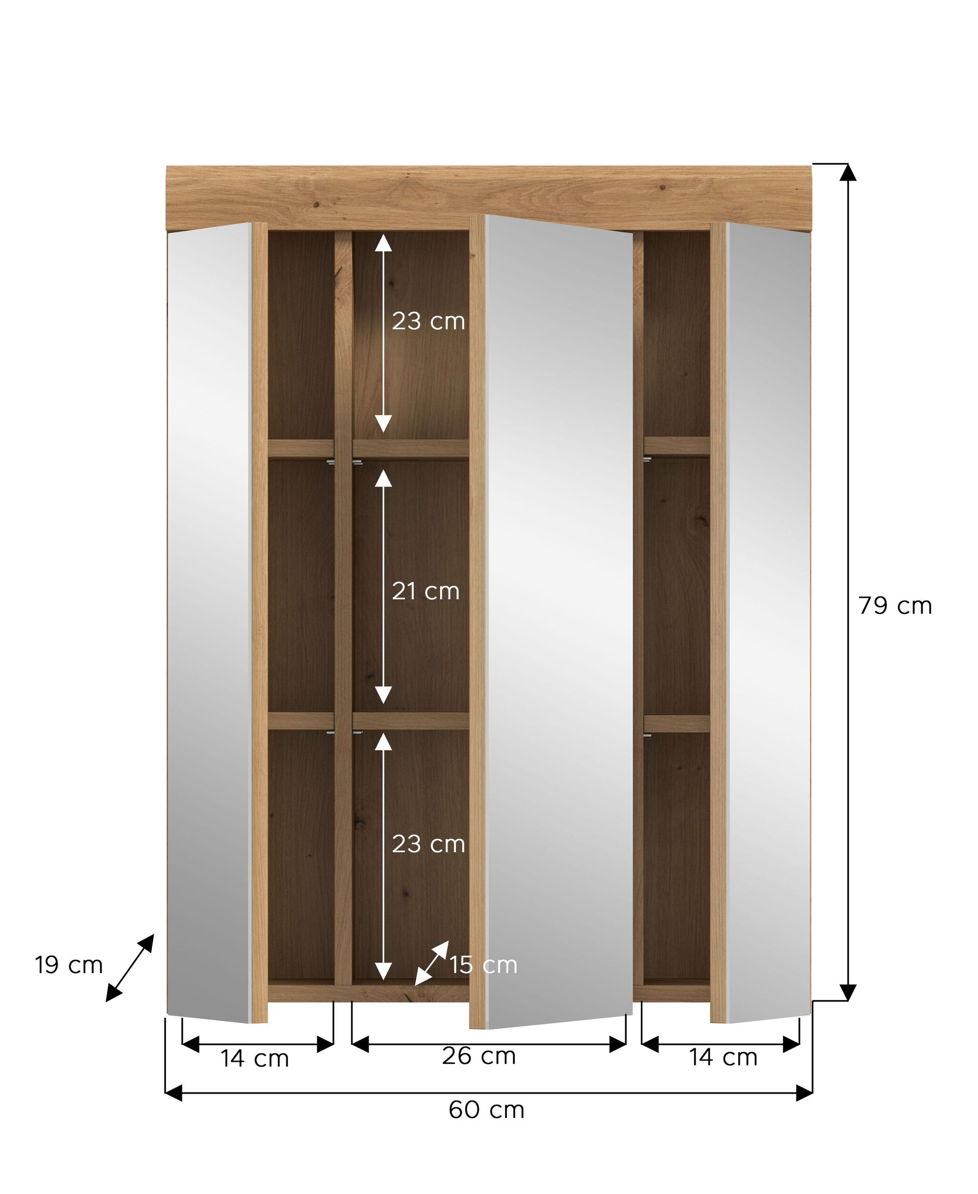 Badspiegelschrank mit 3 Spiegeltüren in Eichenoptik, Vorderansicht mit Maßgrafik