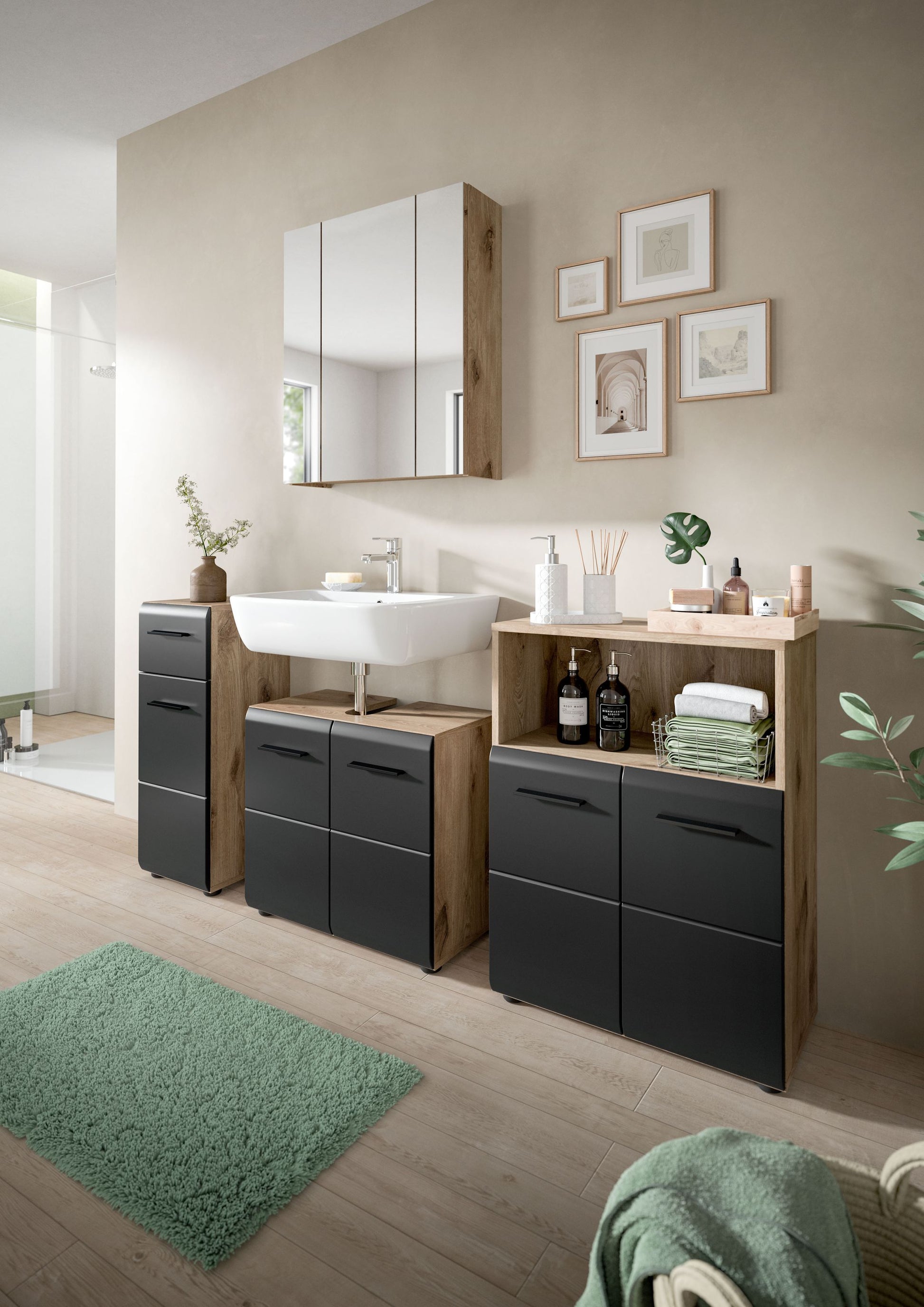 Badmöbel-Set mit Spiegeloberschrank, Waschbecken und Stauraum, Holzoptik/anthrazit