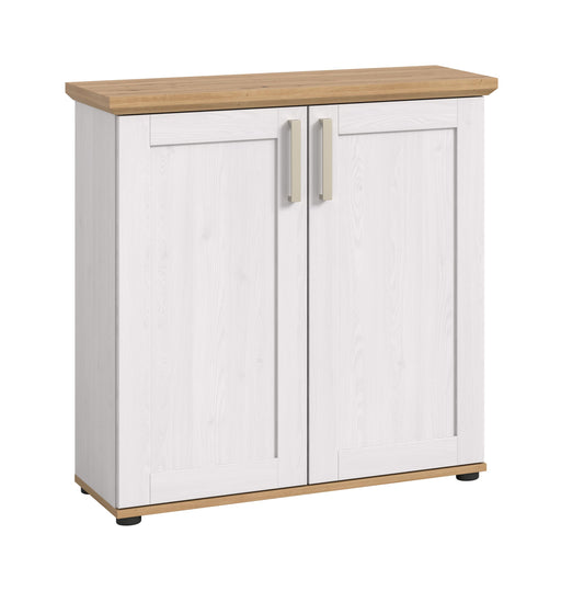 Homes & Jones Highboard im Landhausstil, weiß mit Holzplatte und zwei Türen