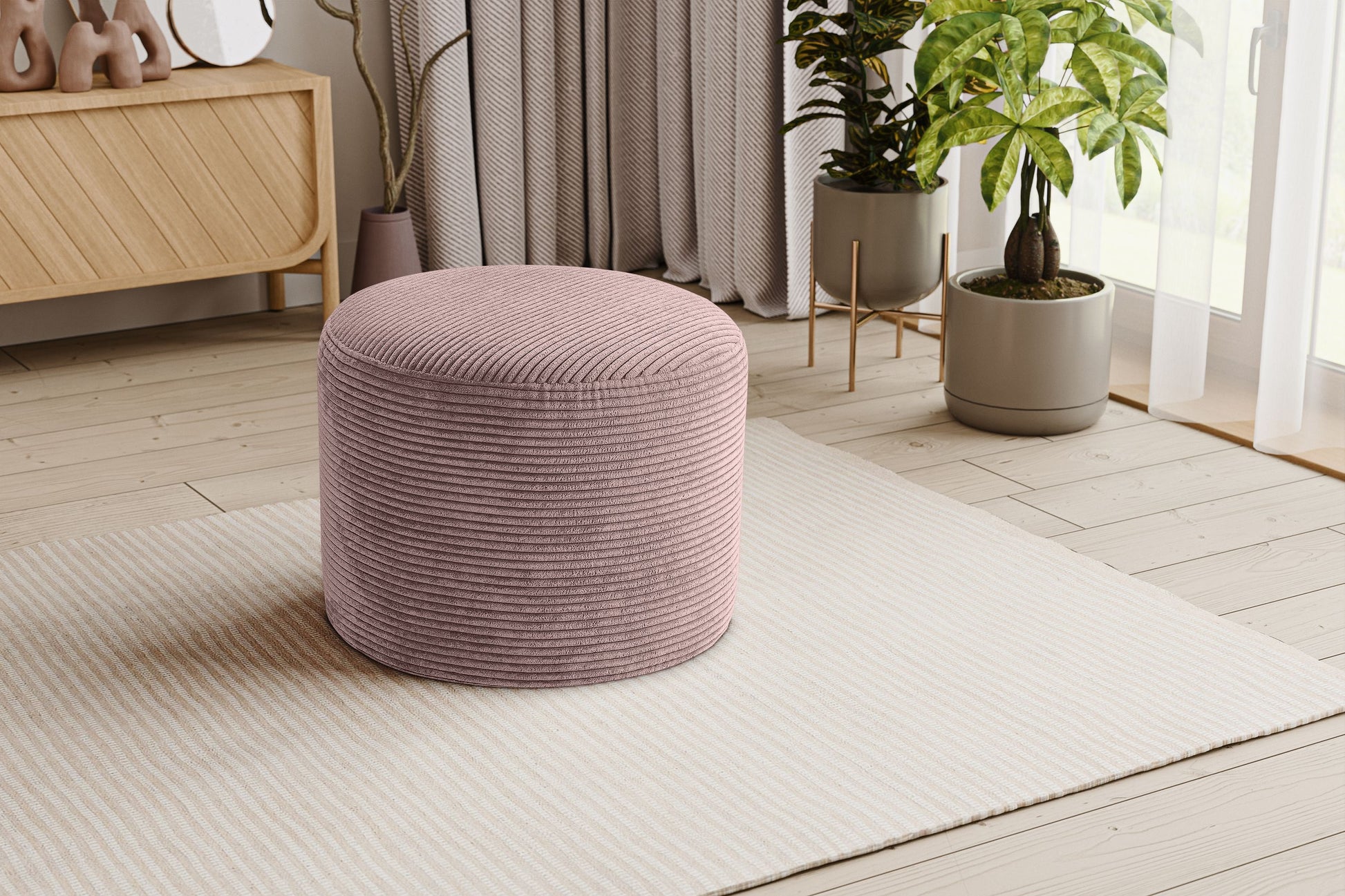 Runder Cord-Hocker mit weicher Polsterung, altrosa, zylindrische Seiten, runde Sitzfläche.