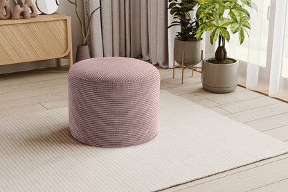 Runder Cord-Hocker mit weicher Polsterung, altrosa, zylindrische Seiten, runde Sitzfläche.