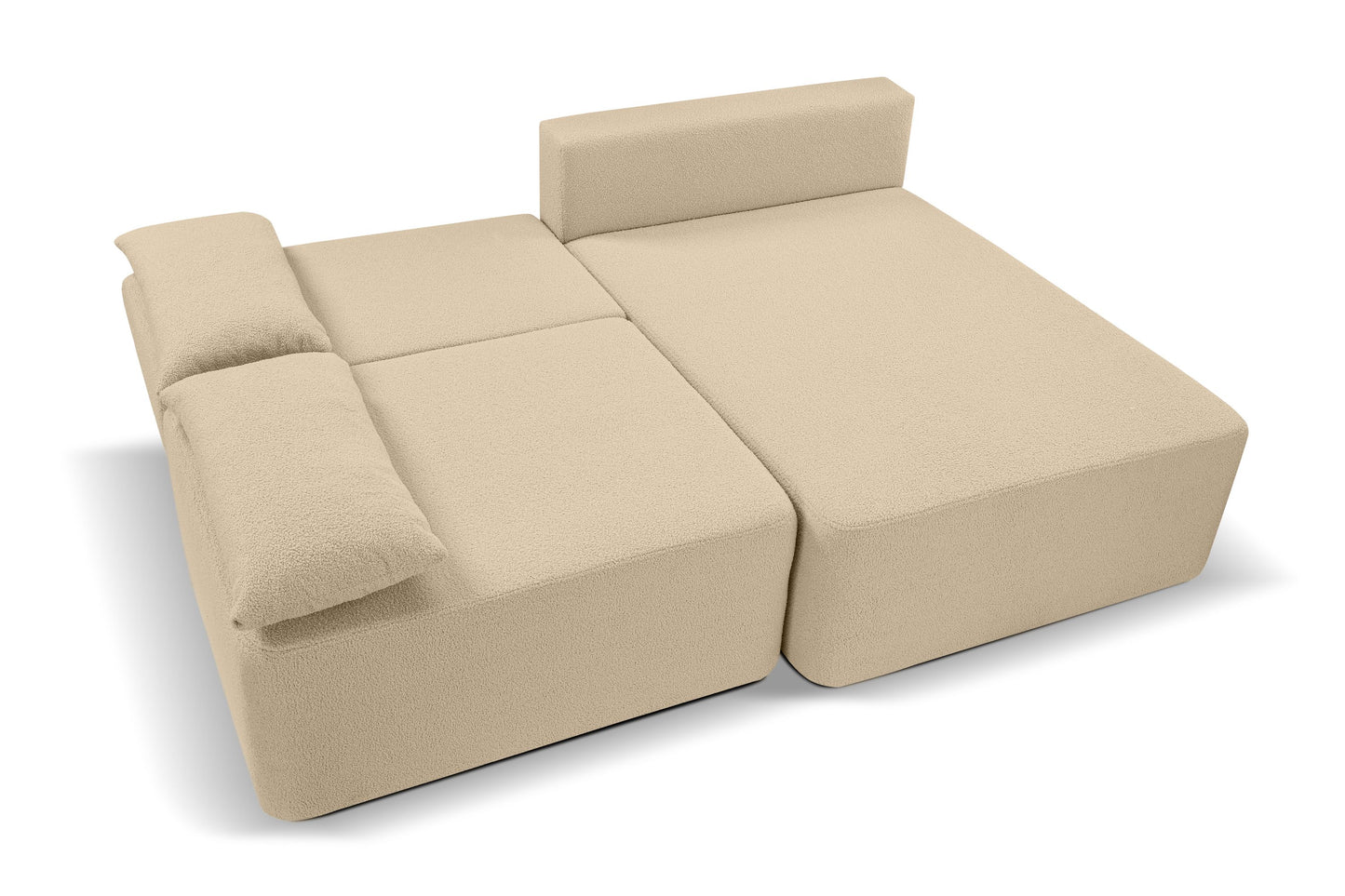 Beiges Schlafsofa mit Schlaffunktion, Liegefläche vollständig ausgefahren