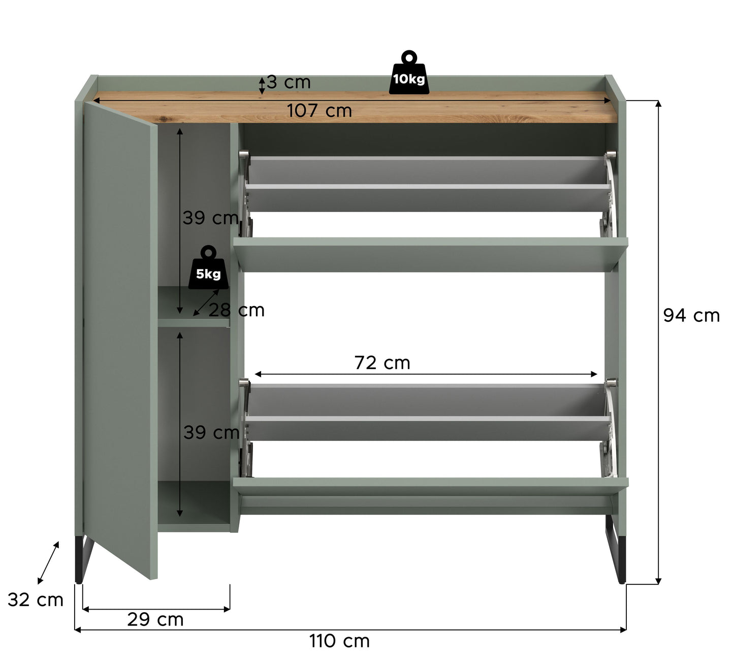 Commode à chaussures DRIVE (L/H/P : env. 110/94/32 cm) en sauge/sauge