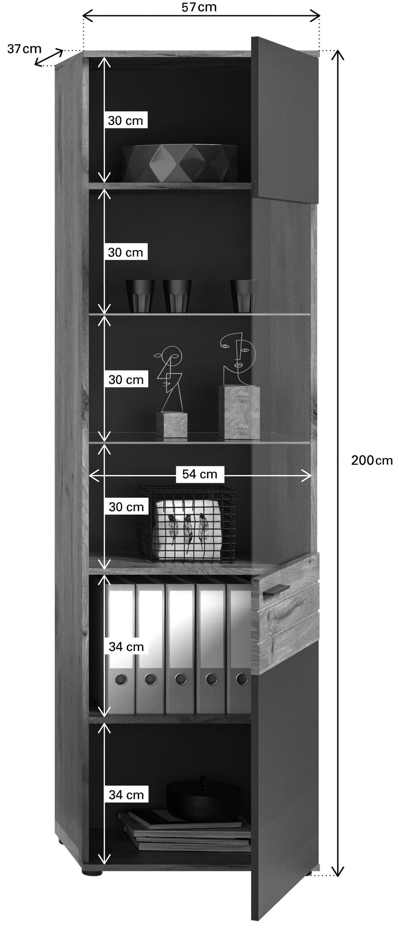 Hohe Vitrine mit Glasregalen, Anthrazit und Holzoptik, Maßeinblendung