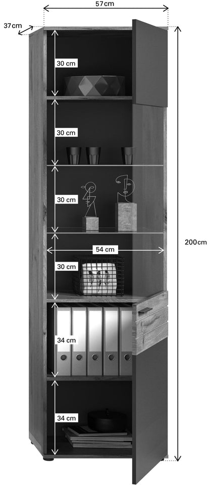 Hohe Vitrine mit Glasregalen, Anthrazit und Holzoptik, Maßeinblendung