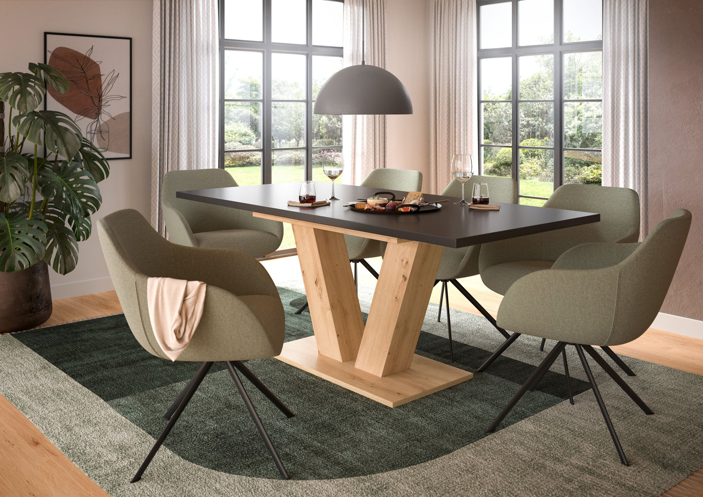Esstisch mit heller Holzplatte und X-Gestell aus Holz, rechteckig