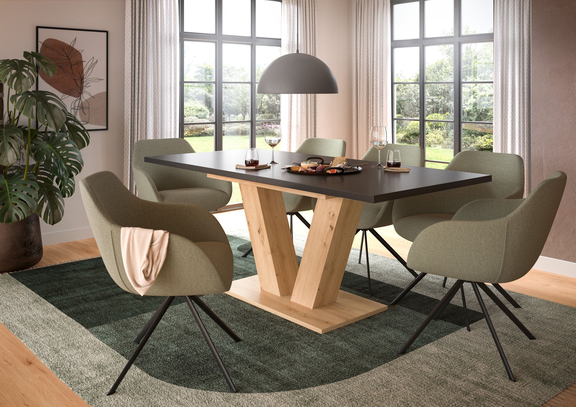Esstisch mit heller Holzplatte und X-Gestell aus Holz, rechteckig