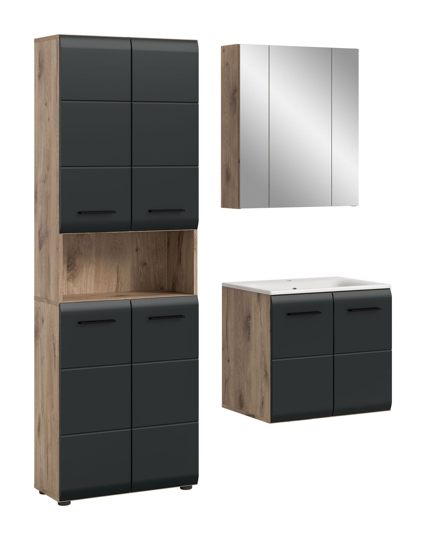 Badezimmerset 4-teilig in Holzdekor und Anthrazit: Spiegelschrank, Hochschrank, Waschtisch