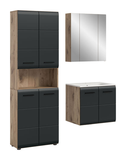 Badezimmerset 4-teilig in Holzdekor und Anthrazit: Spiegelschrank, Hochschrank, Waschtisch