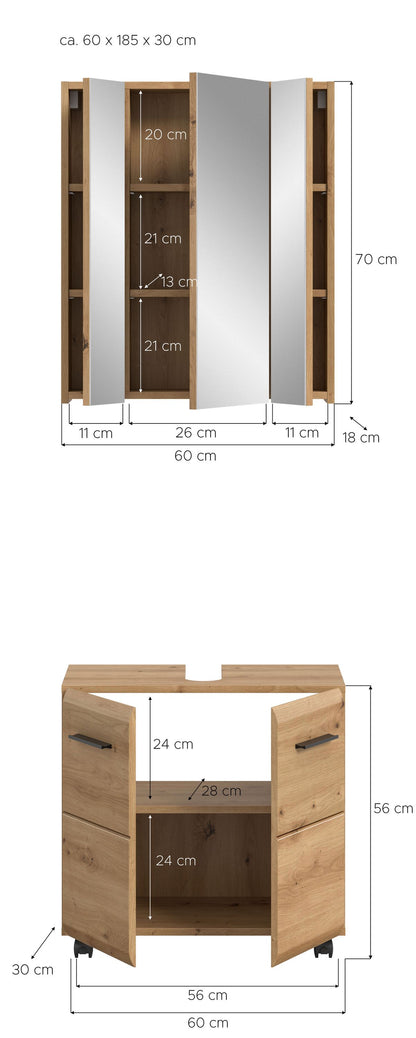Ensemble de salle de bain sur roulettes ICE (L/H/P : env. 60/185/30 cm) imitation chêne Nox/noir mat