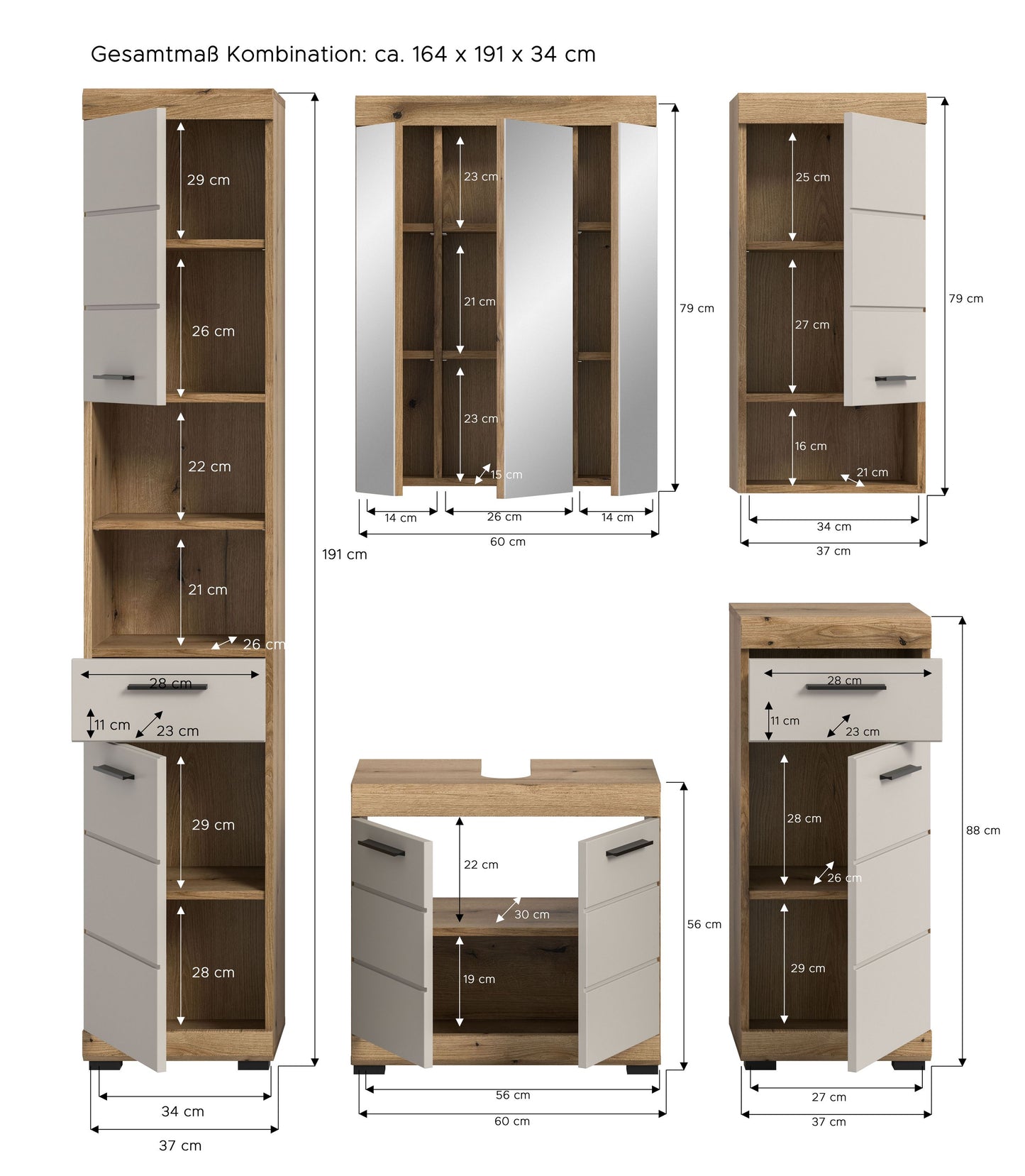Badezimmerset mit Maßen: Hochschrank, Spiegelschrank und Waschunterschrank in Holz-Optik