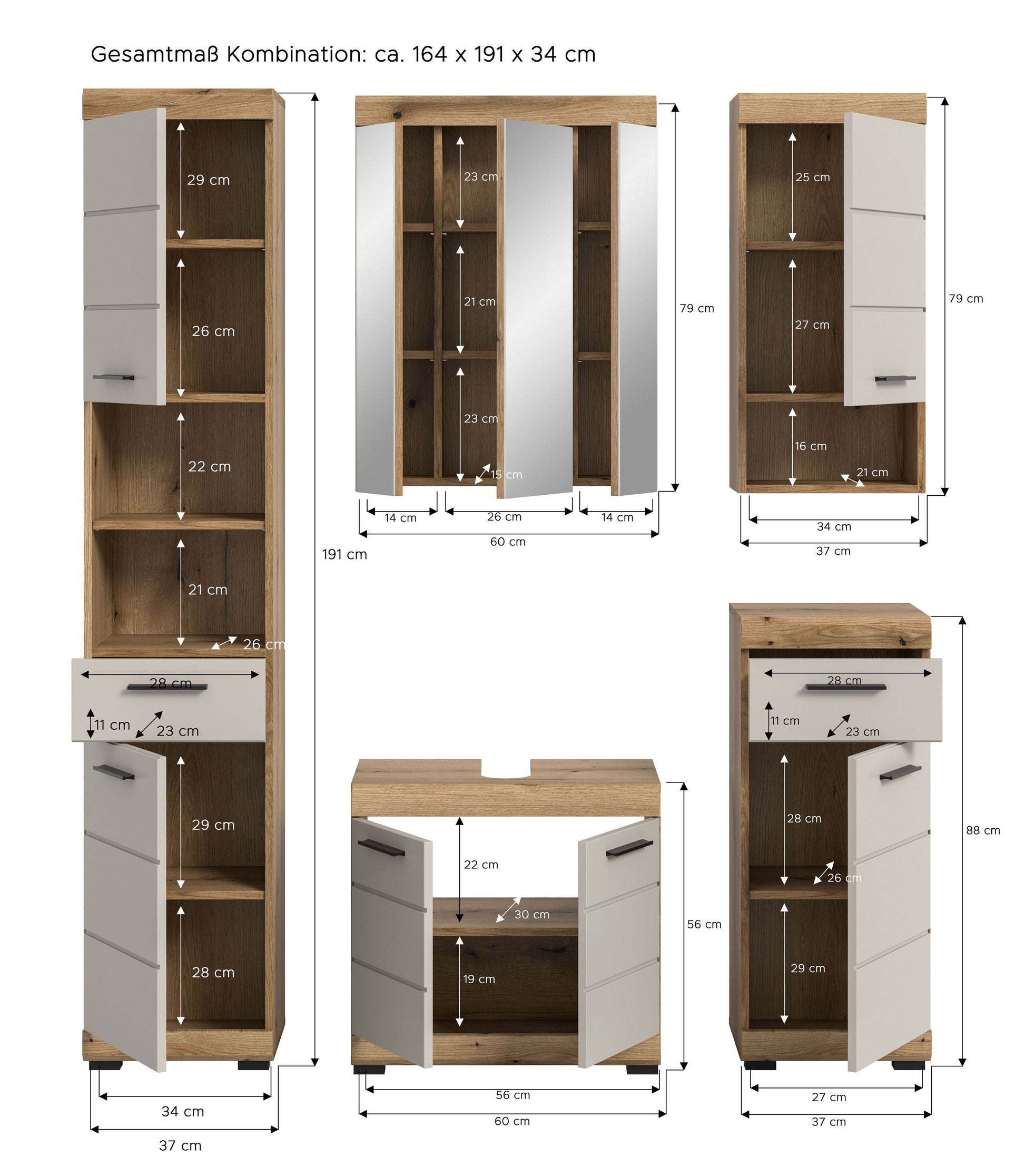 Badezimmerset mit Maßen: Hochschrank, Spiegelschrank und Waschunterschrank in Holz-Optik