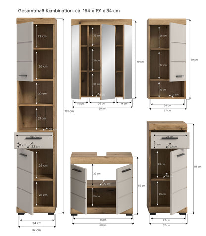 Badezimmerset mit Maßen: Hochschrank, Spiegelschrank und Waschunterschrank in Holz-Optik