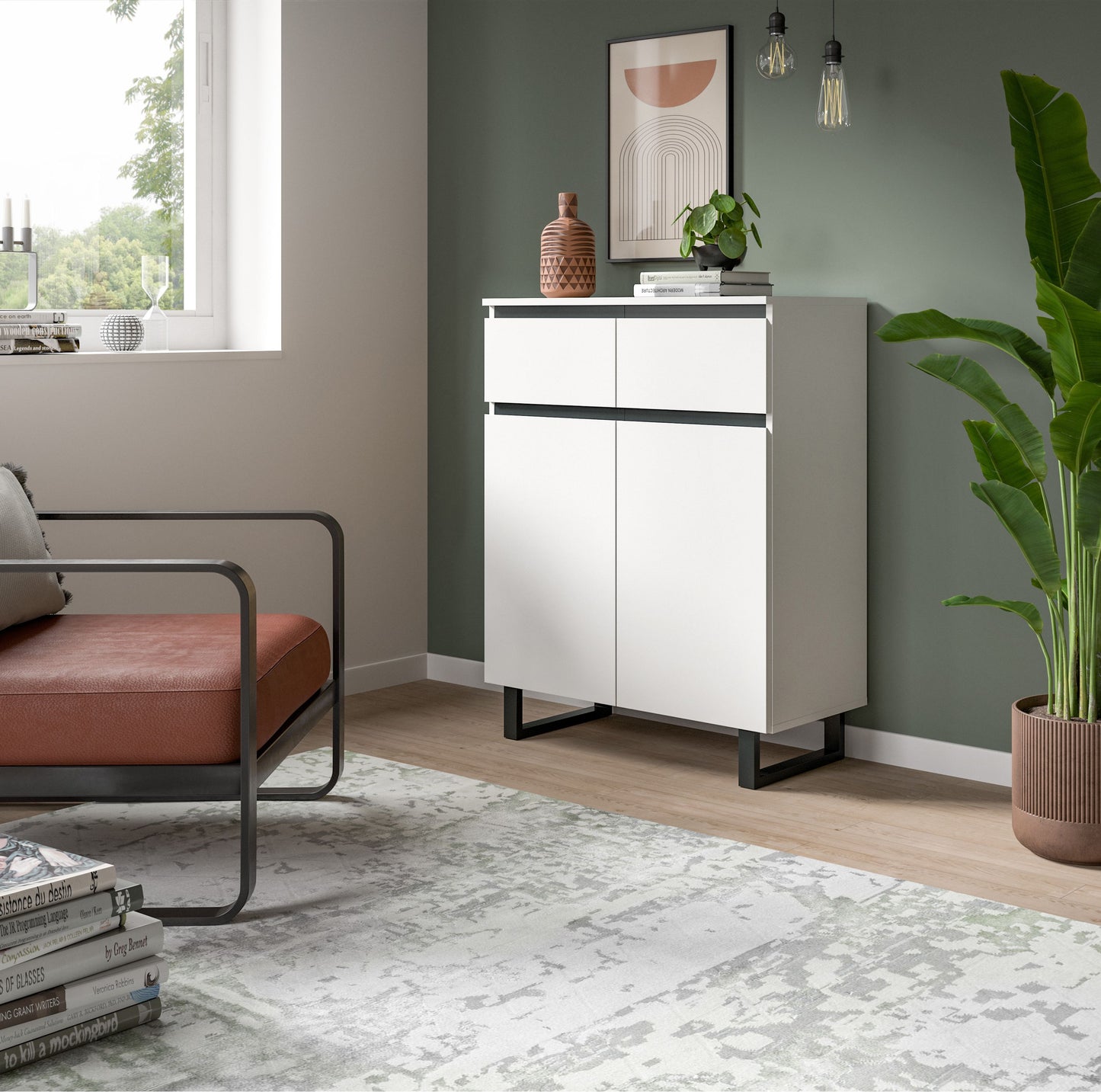 Kommode 80 cm weiß, zwei Schubladen und zwei Türen, schwarzer Rahmen und Standfüße