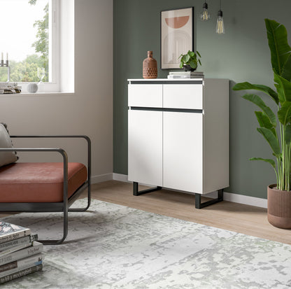 Kommode 80 cm weiß, zwei Schubladen und zwei Türen, schwarzer Rahmen und Standfüße