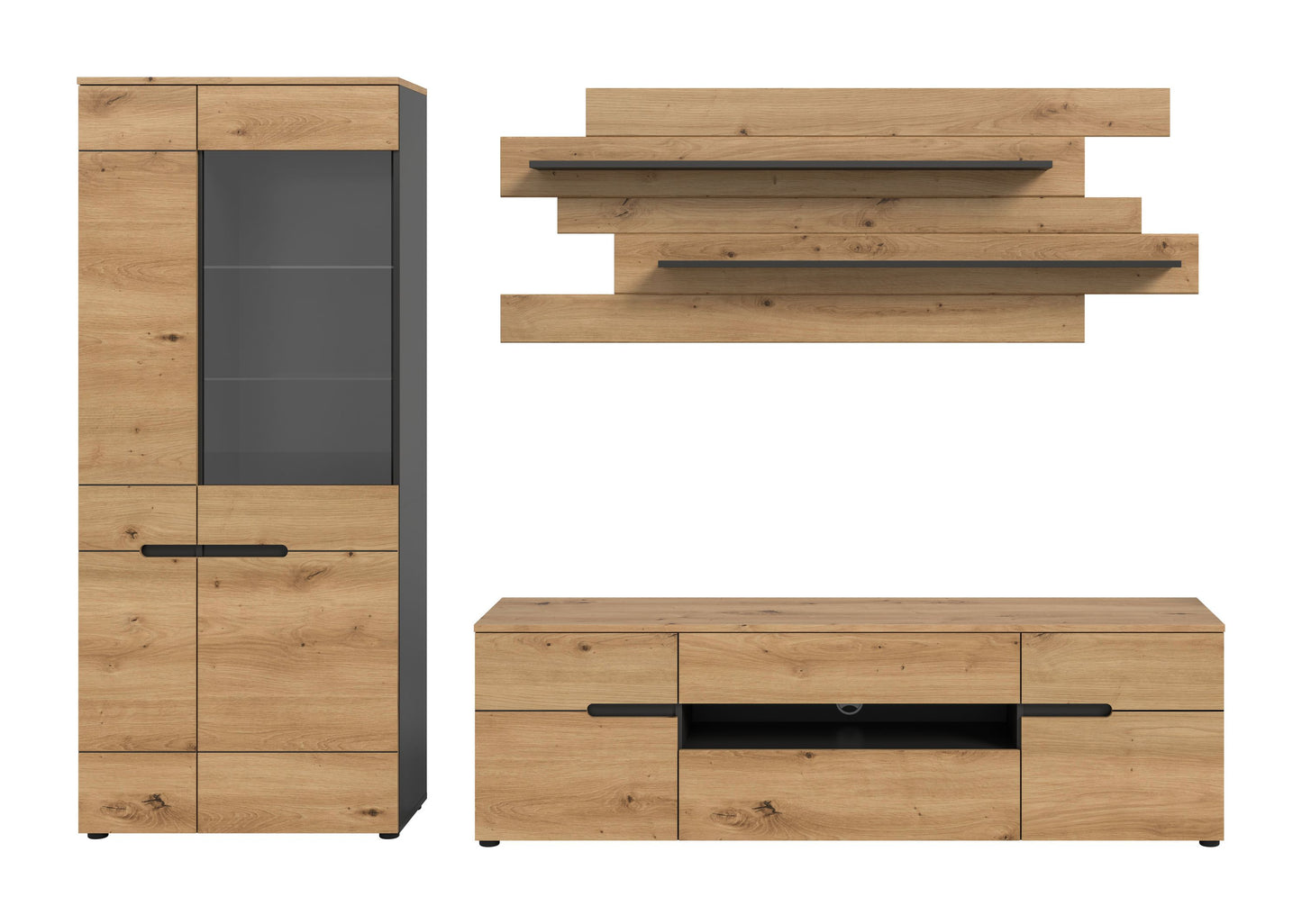 Anbau-Wohnwand-Set mit Vitrine, Lowboard und Wandregalen; Holzdekor, dunkle Türfüllung