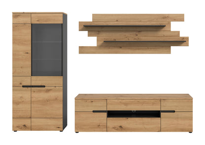 Anbau-Wohnwand-Set mit Vitrine, Lowboard und Wandregalen; Holzdekor, dunkle Türfüllung
