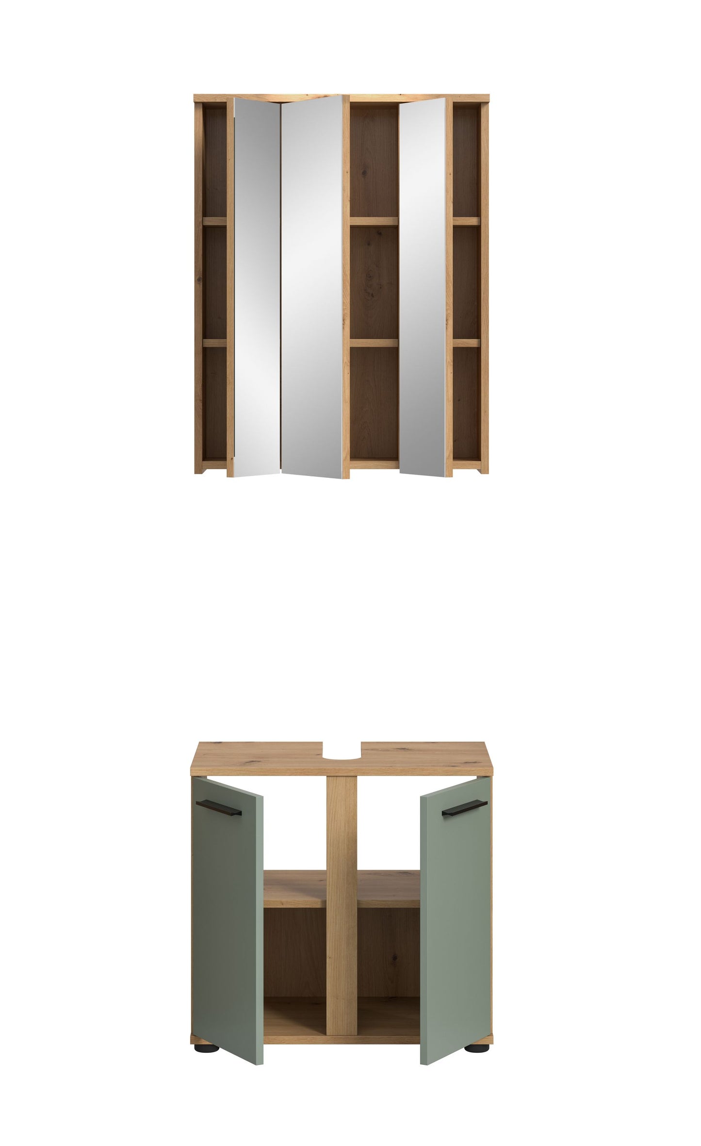 Badezimmerschrank mit geöffneten Türen, innen mit Fachboden und Holzrahmen