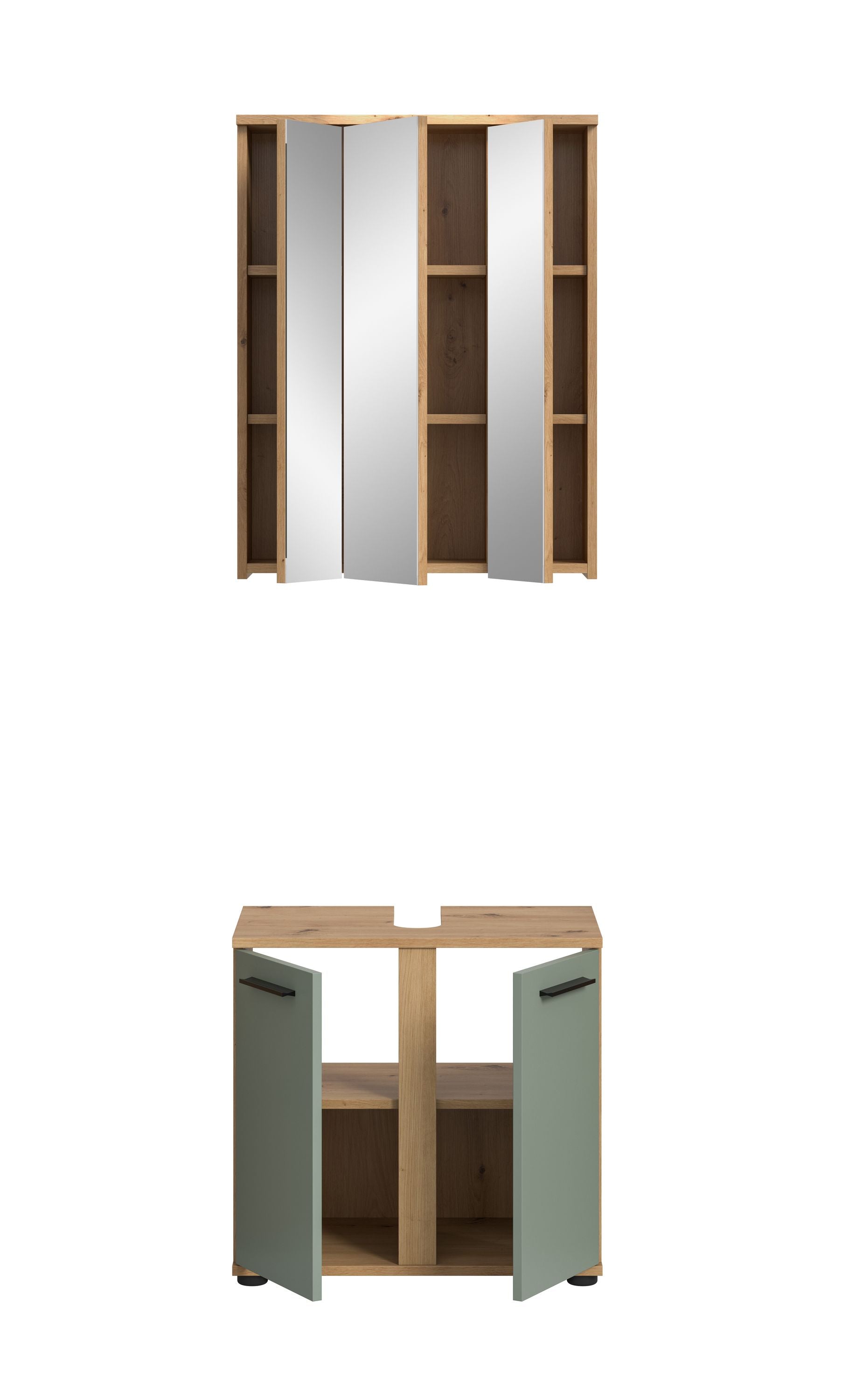 Badezimmerschrank mit geöffneten Türen, innen mit Fachboden und Holzrahmen