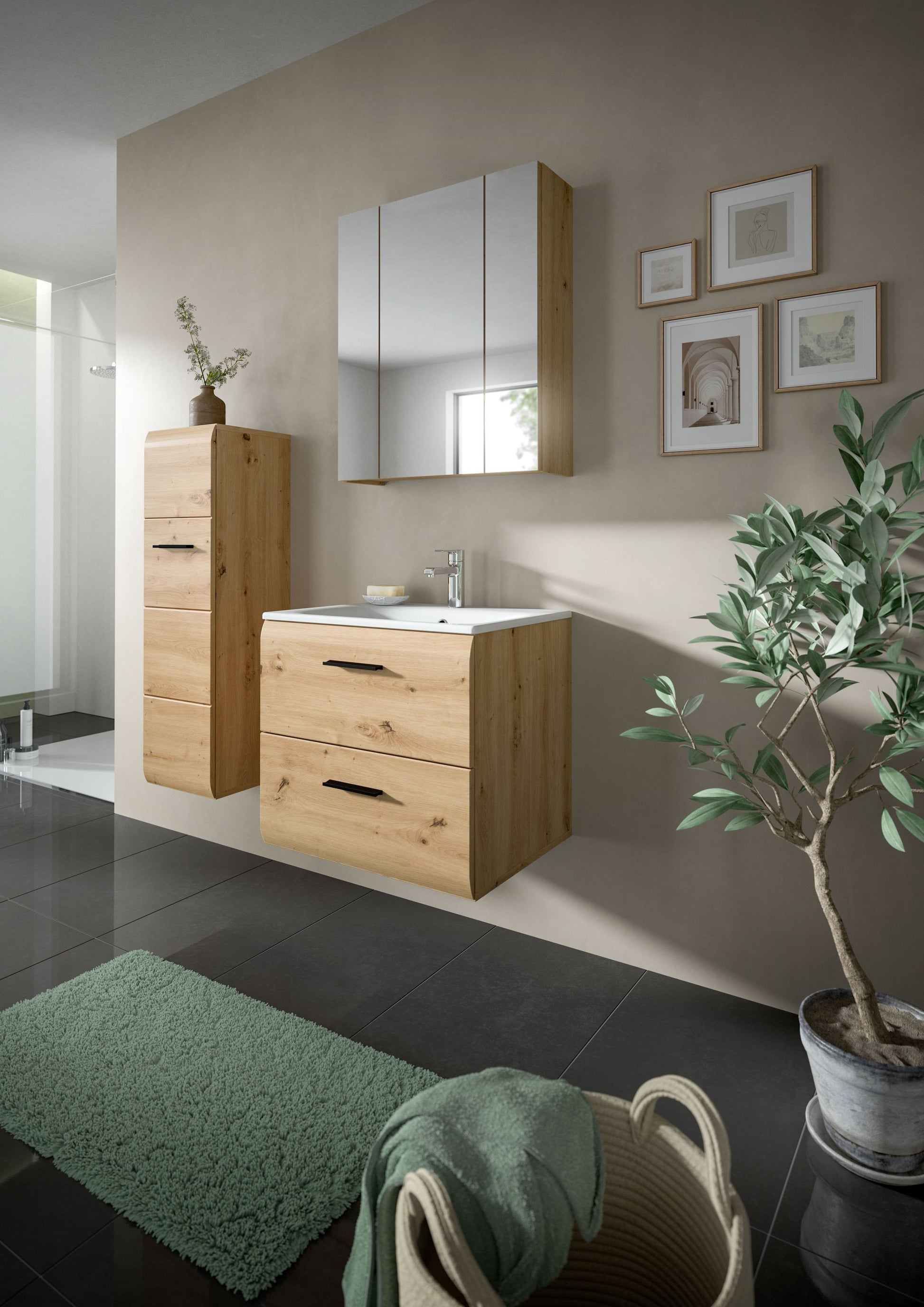 3-teiliges Badmöbel-Set mit Spiegelschrank und Waschtischunterschrank aus hellem Holz