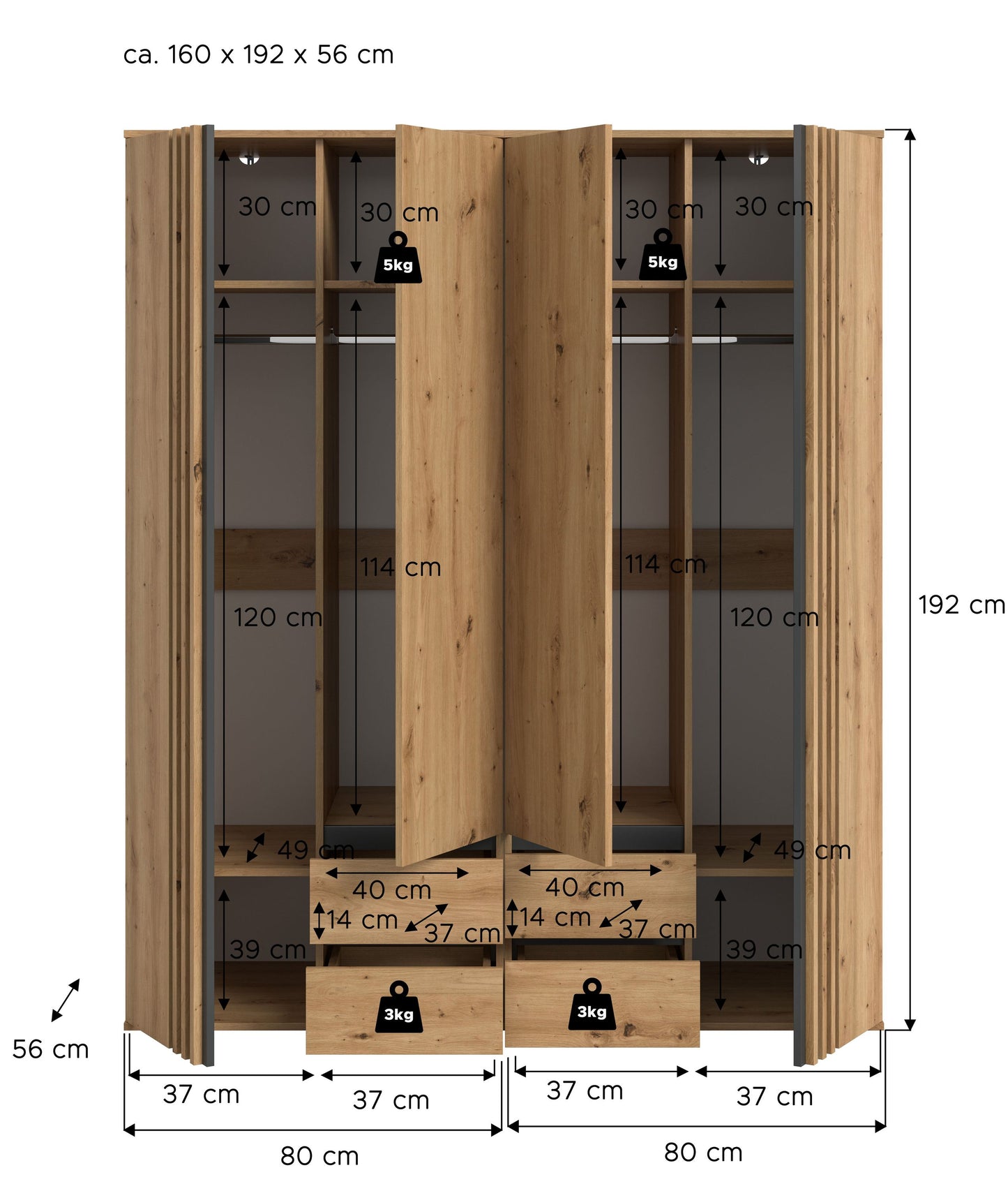 Homes & Jones Kleiderschrank 2-tlg., Schlafzimmerschrank 2x je 80 cm breit, 160 cm