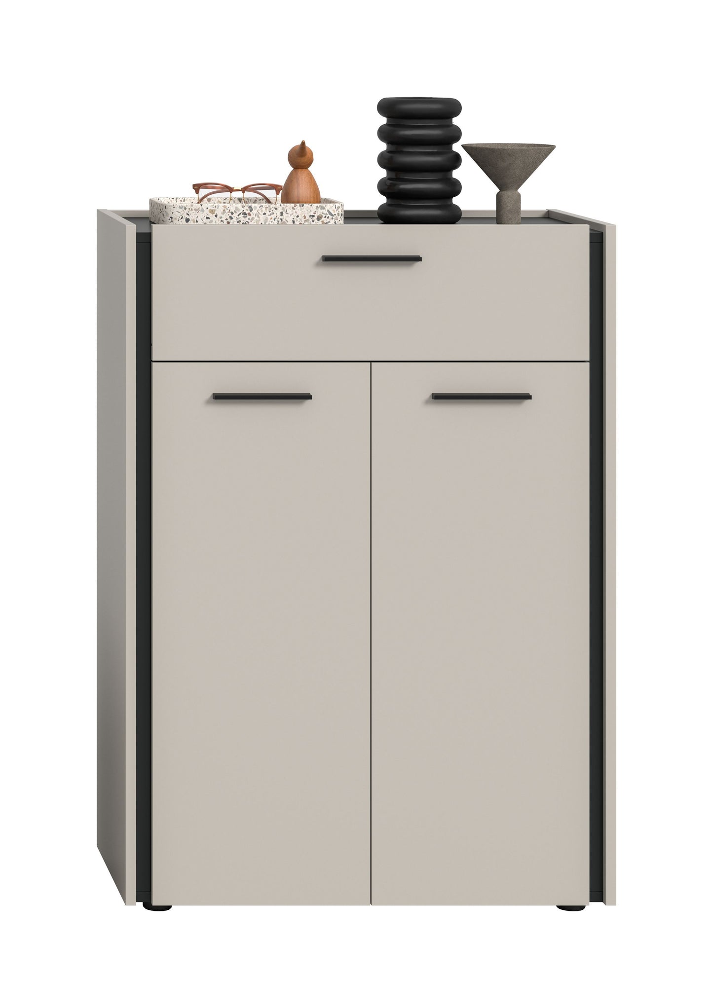 Schuhschrank mit Schublade und zwei Türen, schwarze Griffe, beige Korpus